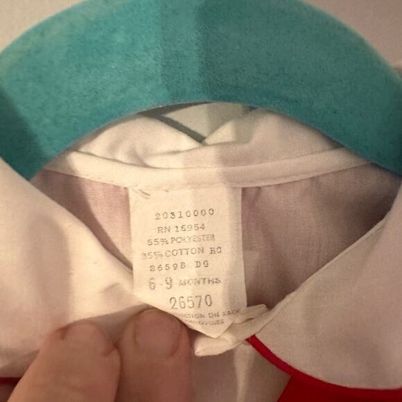 Vintage Layette 3 Piece Red Piping on Shirt, Overalls, Jacket w/Train Size 6/9mo - Picture 12 of 12